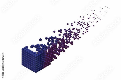 Cubic data block dissolving into small cubes. Blockchain concept. Voxel art. 3d Vector illustration.  . Isometric projection.