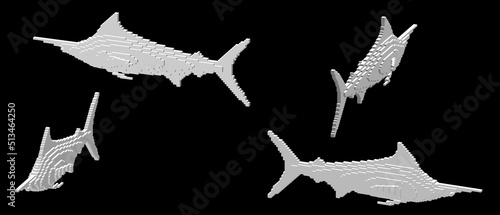 Marlin made from cubes. Voxel art. Futuristic concept. 3d Vector illustration. Dimetric projection.