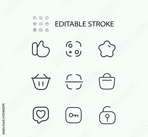 Simple Set of Related Vector Line Icons. Contains such Icons as Star, Like, Shopping basket and Security and more. Editable Stroke. 72x72 Pixel Perfect. photo