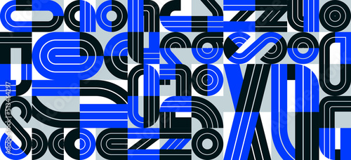 Seamless pattern with geometric elements vector trendy design, blue typography parts tiling background, abstract composition.