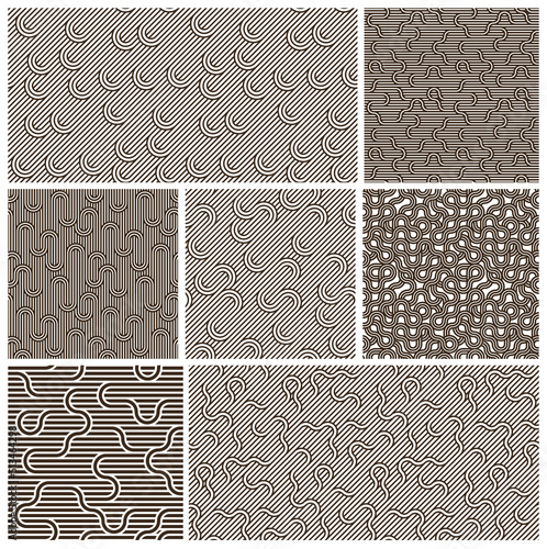 Seamless linear vector geometric minimalistic patterns set, abstract lines tiling backgrounds, stripy weaving, optical maze, twisted stripes.