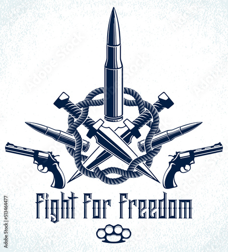 Bullets and guns vector emblem of Revolution and War, logo or tattoo with lots of different design elements, anarchy and chaos concept, criminal and gangster style, social tension theme.