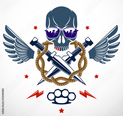 Anarchy and Chaos aggressive emblem or logo with wicked skull, weapons and different design elements , vector vintage scull tattoo, rebel gangster criminal and revolutionary.