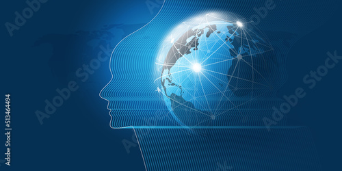 Futuristic Machine Learning, Artificial Intelligence, Cloud Computing and Networks Design Concept with Earth Globe, Geometric Network Mesh and Human or Robot Profile Face Silhouette