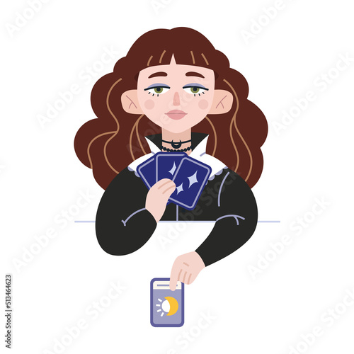 Beauty Fortune tellers, urban witch in Victorian dress, cartoon style. Girl lays out tarot cards on table. Witchcraft and supernatural powers. Trendy modern vector illustration isolated