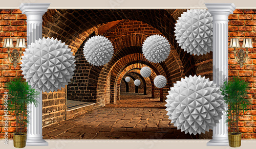 Fototapeta Naklejka Na Ścianę i Meble -  Interior. Brick wall with balls. 3d Image.