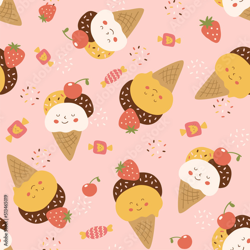 Kawaii pattern, kawaii food ice cream cone seamless pattern. Pink pattern, summer sweet background. Cute smiling ice creams, strawberry, cherry, candies wallpaper, textile design. Vector illustration.