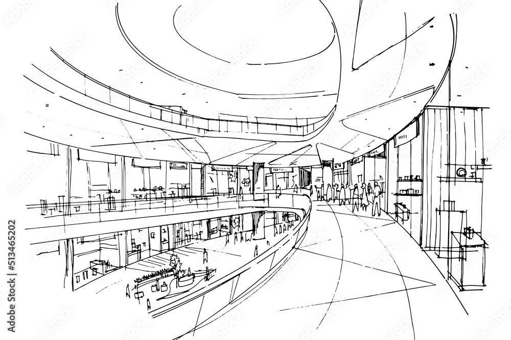 Fashion mall sketch drawing,Fashion shops and people walking around.,Modern design,vector,2d illustration Fashion mall sketch drawing,Fashion shops and people walking around.,Modern design,vector,2d illustration