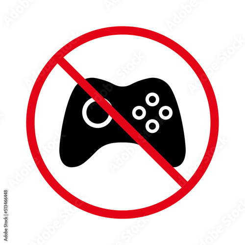 Joystick Ban Black Silhouette Icon. Forbidden Gamer Video Game Zone Pictogram. Prohibited Game Pad Console Red Stop Circle Symbol. No Allowed Gamepad Control Sign. Isolated Vector Illustration