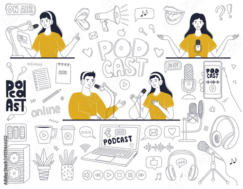 Set of doodle outline symbols of a podcast. Woman and man, hosting a podcast, an interview, radio show, broadcast. Linear decorative elements web design. Black white vector illustration isolated white