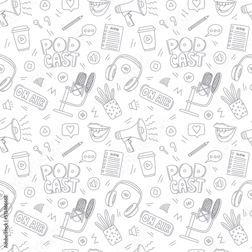 Seamless pattern with doodle elements for online show, podcast, radio. Outline hand drawn microphone, headphone, female mouth, potted flower. Black and white illustration on a white background.