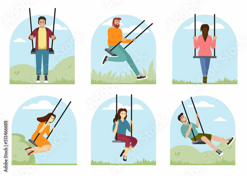 people swing. male and female characters riding on swing dreaming. Vector cartoon illustrations