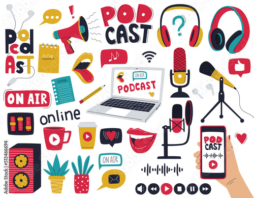 A set of decorative elements symbolizing podcasting, radio shows, audio online broadcasts. Microphones, headphones, music equipment, laptop, megaphone. Color vector illustrations isolated on white