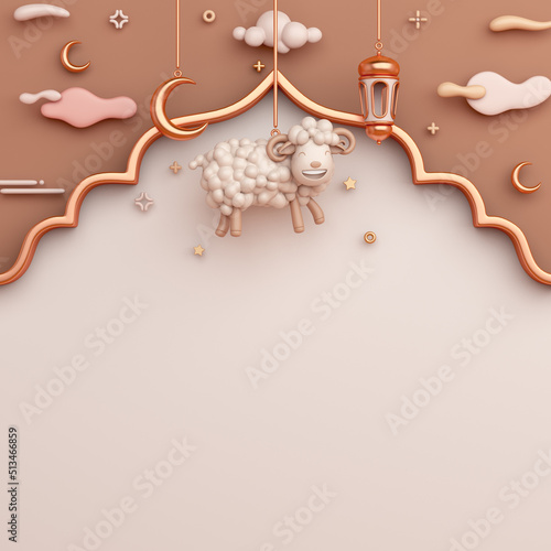 Eid al adha islamic decoration background with goat sheep lantern crescent arabic window ramadan kareem, mawlid, eid al fitr, muharram, copy space text area, 3D illustration.