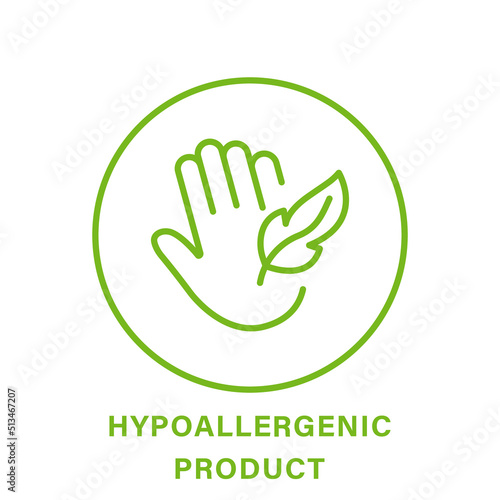 Hypoallergenic Safe Product Line Green Icon. Safety Hypo Allergenic Cosmetic for Sensitive Skin Hygiene Outline Pictogram. Allergen Free Icon. Hand and Feather Symbol. Isolated Vector Illustration photo