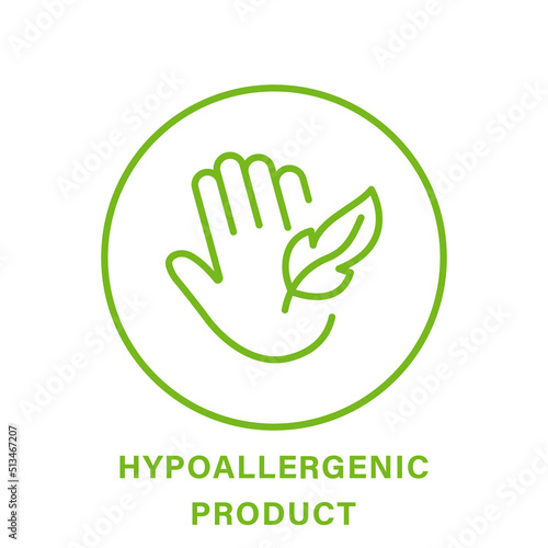 Hypoallergenic Safe Product Line Green Icon. Safety Hypo Allergenic Cosmetic for Sensitive Skin Hygiene Outline Pictogram. Allergen Free Icon. Hand and Feather Symbol. Isolated Vector Illustration