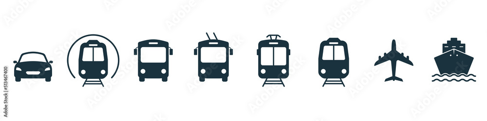 Transport Silhouette Icons. Air, Auto, Railway Transport Pictogram. Stop Station Sign for Public Transport Icon. Car, Bus, Tram, Train, Metro, Plane and Ship Icon in Front View. Vector Illustration Transport Silhouette Icons. Air, Auto, Railway Transport Pictogram. Stop Station Sign for Public Transport Icon. Car, Bus, Tram, Train, Metro, Plane and Ship Icon in Front View. Vector Illustration