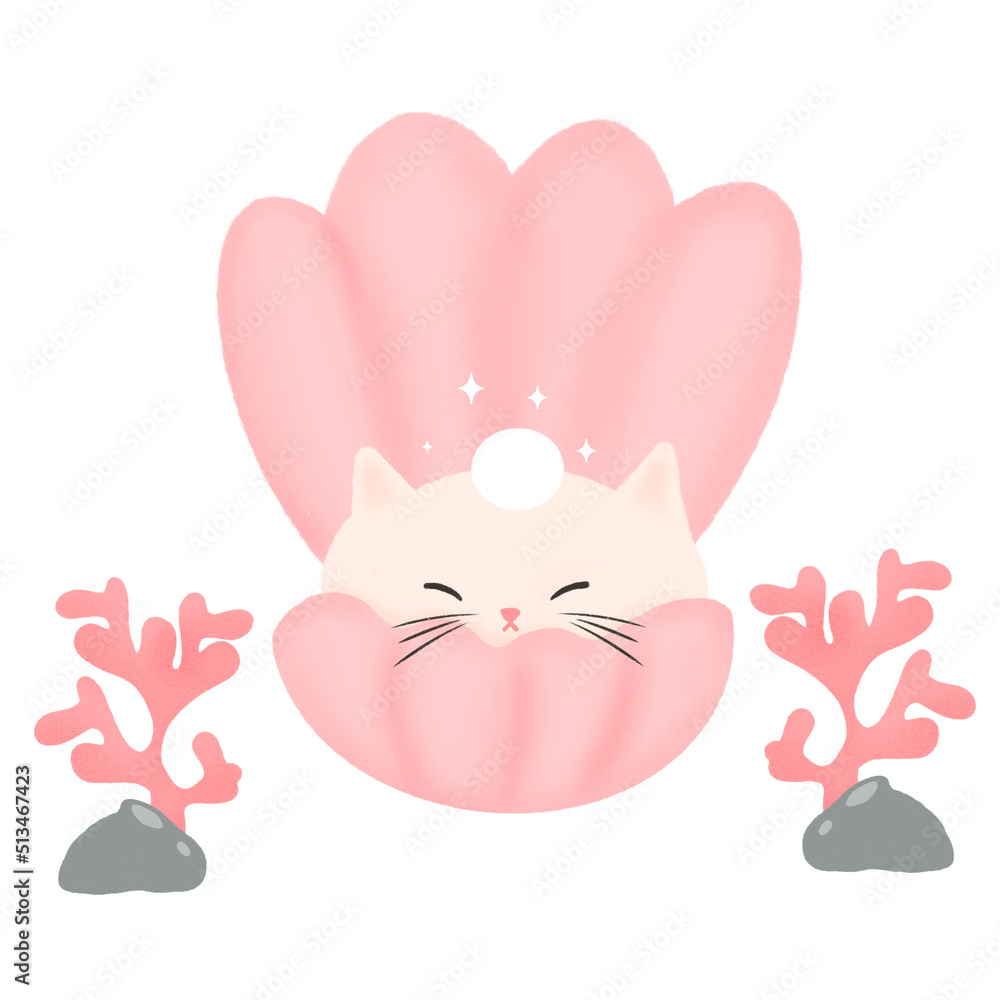 cute cartoon character seashell cat with corals funny illustration isolated on white background cute cartoon character seashell cat with corals funny illustration isolated on white background