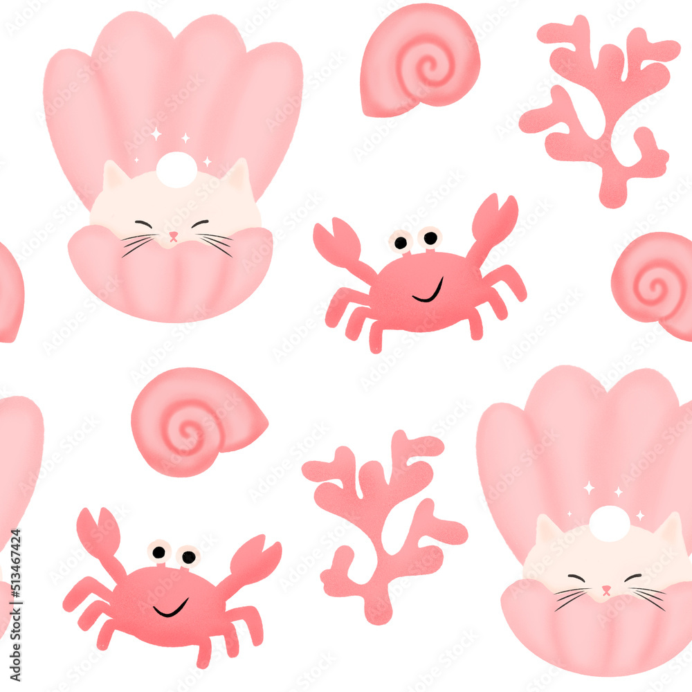 cute cartoon seamless pattern background illustration with seashell cat, corals, seashells and crabs