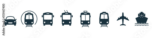 Transport Silhouette Icons. Air, Auto, Railway Transport Pictogram. Stop Station Sign for Public Transport Icon. Car, Bus, Tram, Train, Metro, Plane and Ship Icon in Front View. Vector Illustration
