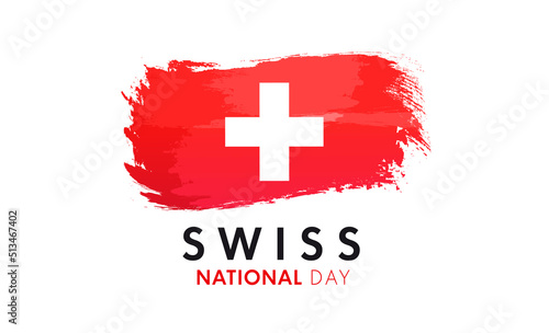 Swiss National Day text and watercolor flag. Switzerland Confederation holiday poster or banner. Design with lettering and flag, 1st of August celebration