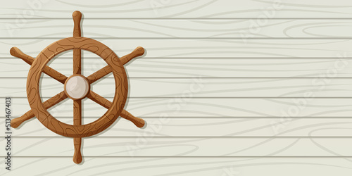 Rudder, ship steering wheel with beige wooden background. Wood surface with long boards, vector illustration in cartoon nautical marine style. Light neutral tone. For banner, poster, website interface
