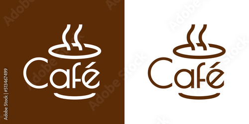 Banner con texto Café en español como silueta de taza de café caliente. Logotipo Coffee Shop. Vector con líneas en fondo marrón y fondo blanco