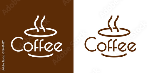 Banner con texto Coffee como silueta de taza de café caliente. Logotipo Coffee Shop. Vector con líneas en fondo marrón y fondo blanco