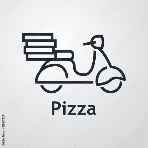Logo reparto de comida a domicilio. Vector con silueta de scooter con cajas de pizza con líneas. Fondo gris