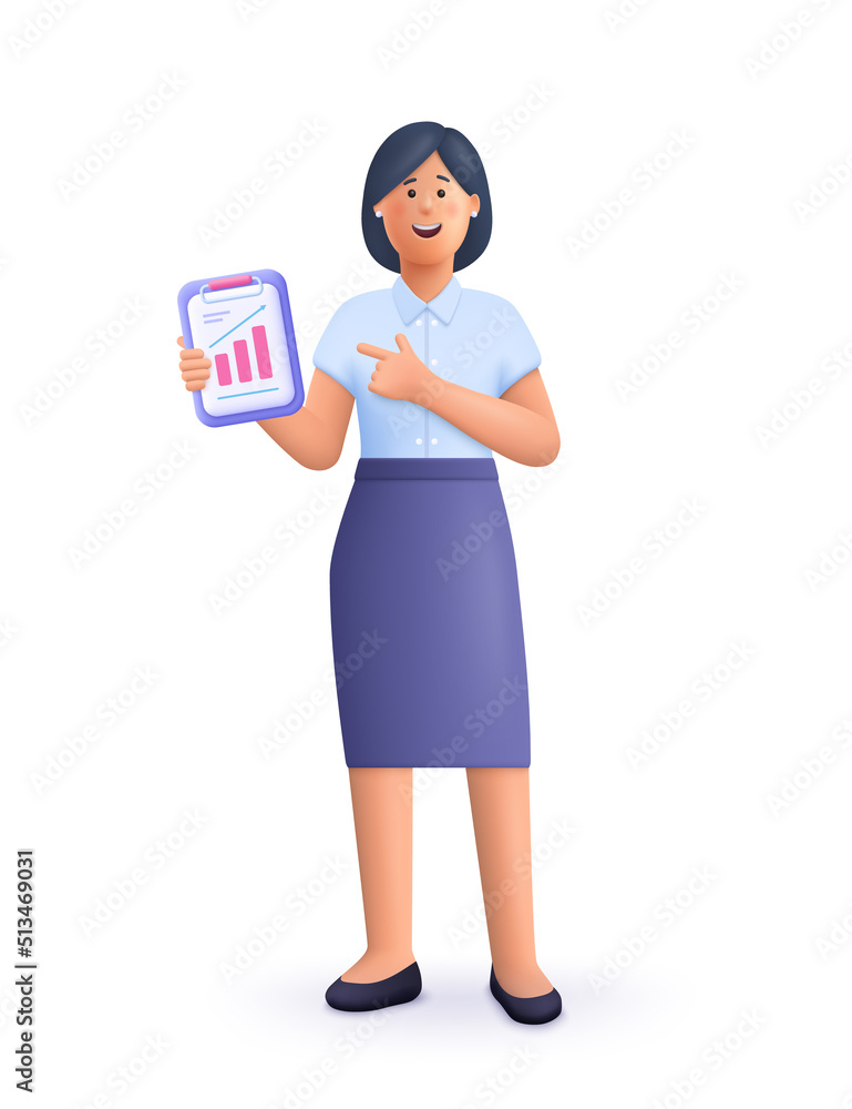 Young smiling business woman or office worker stands and holds work documents folder. 3d vector people character illustration. Cartoon minimal style. Young smiling business woman or office worker stands and holds work documents folder. 3d vector people character illustration. Cartoon minimal style.