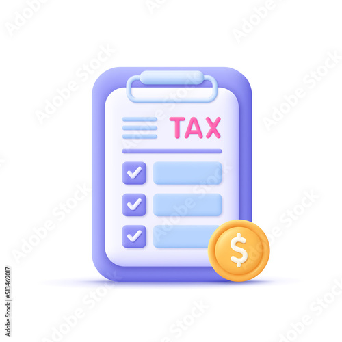 Filling tax form. Tax payment, accounting, financial management, corporate tax, taxable income concept. 3d vector icon. Cartoon minimal style.