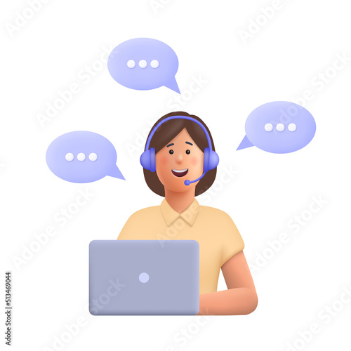 Office operator with headset talking with clients. Customer service, call center, hotline, customer support department staff concept. 3d vector people character illustration. Cartoon minimal style.