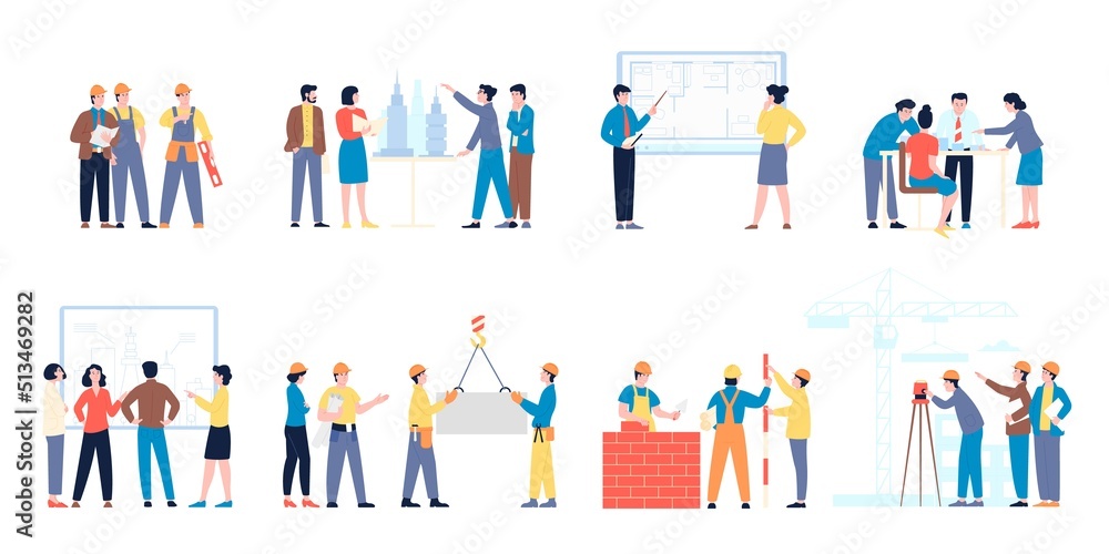 Builders characters. Workers and builder, technician architecture working. Cartoon people construction and discuss projects, architects recent vector set