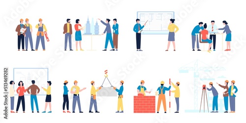 Builders characters. Workers and builder, technician architecture working. Cartoon people construction and discuss projects, architects recent vector set