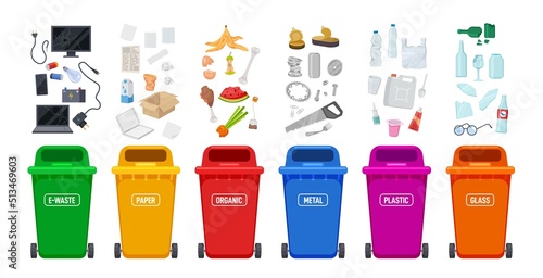 Waste bins. Recycle bin and rubbish, plastic colorful containers for trash sort. Different type objects, sorting paper, metal, glass exact vector set