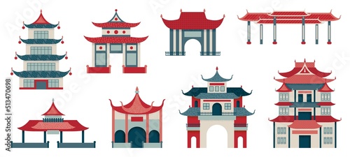 Chinese temples and buildings. Pagoda on china street, japanese housing and roof. Traditional oriental architecture, swanky palace and gates vector set