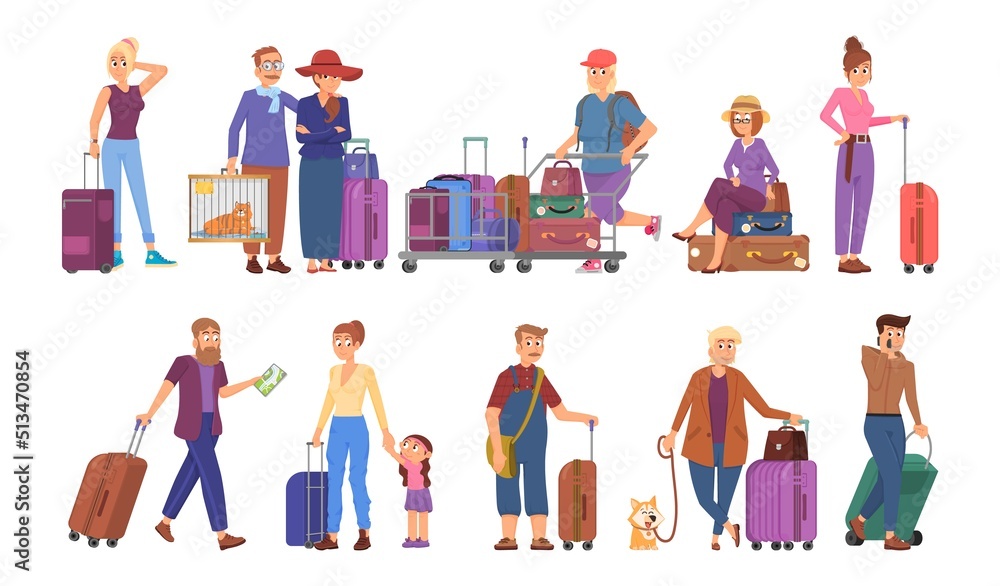 Tourist people characters. Sightseeing travelling, young family in tour with luggage and backpack. Woman man vacation, cartoon tourism decent vector set
