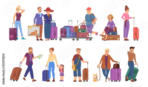 Tourist people characters. Sightseeing travelling  young family in tour with luggage and backpack. Woman man vacation  cartoon tourism decent vector set
