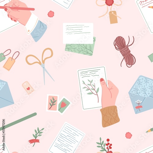Postcrossing, handicraft workshop or scrapbook. Hands hold letters, writing greeting postcard. Hand made craft vector seamless pattern. Cute scandinavian elements design