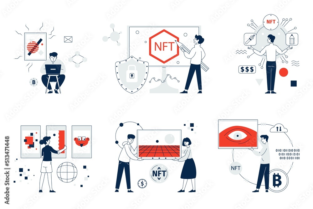 Fototapeta premium Nft artists. Digital art masterpieces and money transfer. Cryptographic dealer, smartphone technology artistic image selling. Innovation artwork recent vector scene
