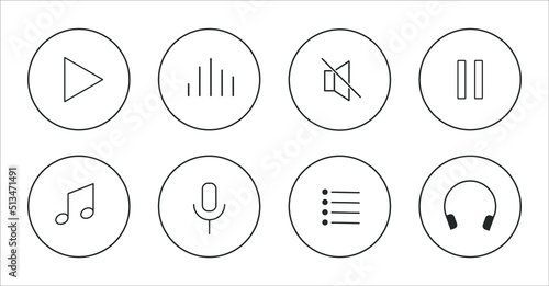 Music and sound icon collection. Play, pause and Volume control, playlist and headphone. User interface icons for smartphones, computers and mp3 players. Line art modern flat vector illustration style