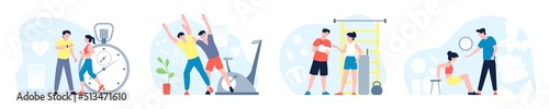 Fitness trainer concept. Gym athletic coach, people sport workouts. Male training, woman doing exercises. Personal energy wellbeing recent vector scenes