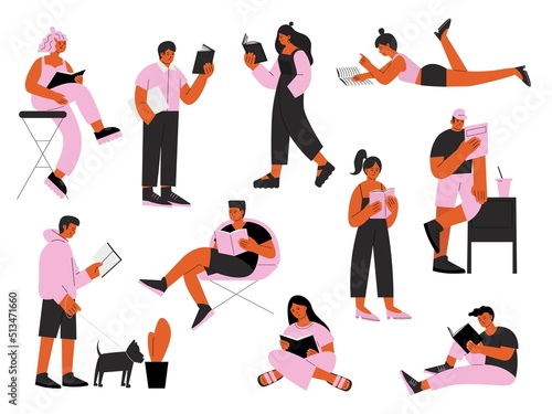 Cute reading characters. Read book, journalism student or educational literature group. Study, exam prepared or hobby. Isolated people with books swanky vector set