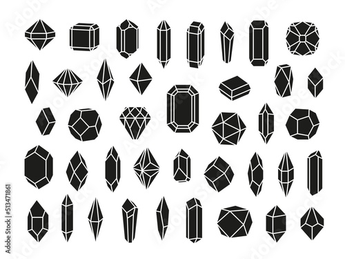 Black crystals silhouettes. Amethyst icon, doodle crystal or gem. Polygon design elements, jewelry simple shapes. Diamond symbols tidy vector luxury set