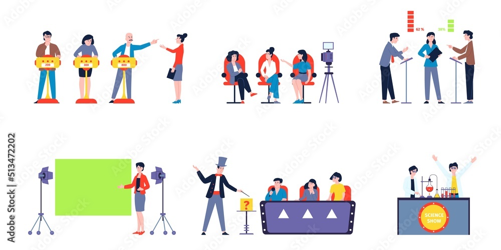 Tv show scenes. Talent shows and quiz game, live news and weather forecast in studio. Cartoon flat political debates, competition and jury recent vector set