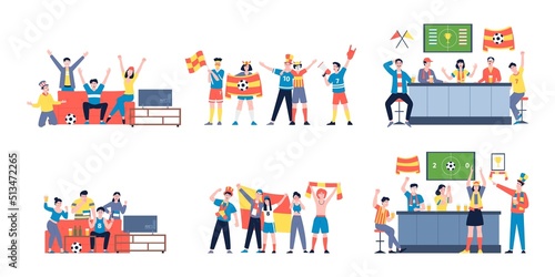 Sport fans characters. Fan on couch, football fanatics watching competition. Angry cheering flat teenager, soccer friends in bar recent vector scenes