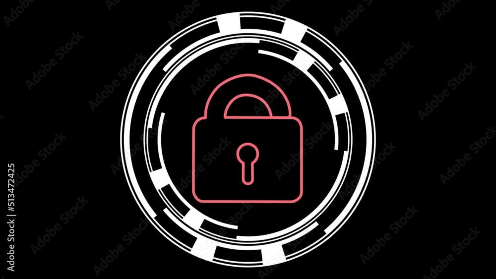 Complex and slick animated circular spinning cyber lock design lock gets hacked and padlock