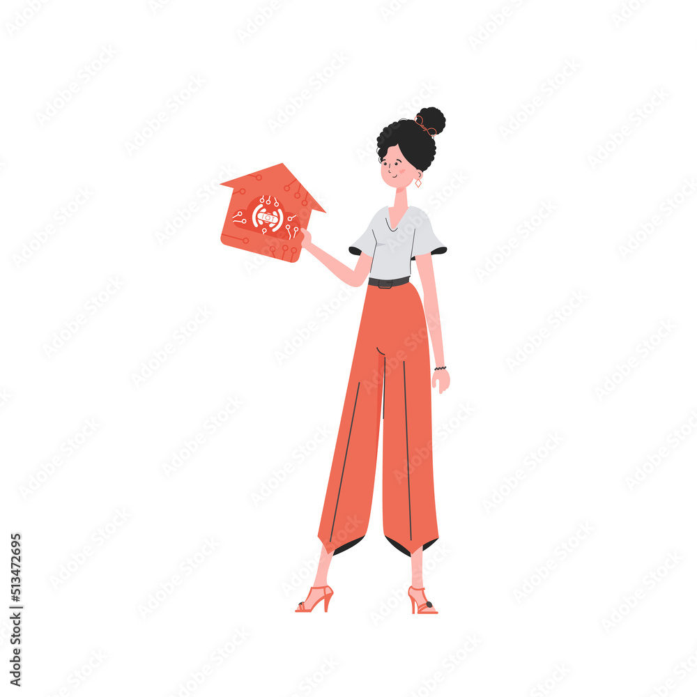 The woman is depicted in full growth, holding an icon of a house in her hands. Internet of things and automation concept. Vector illustration in flat style. The woman is depicted in full growth, holding an icon of a house in her hands. Internet of things and automation concept. Vector illustration in flat style.