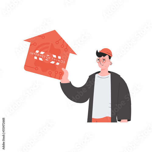 Internet of things concept. The guy is shown to the waist. A man holds an icon of a house in his hands. Isolated. Vector illustration in trendy flat style. © Javvani