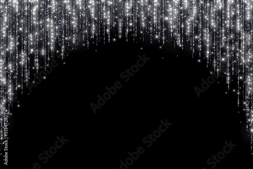 Silver holiday decoration round arch glitter garland on black background. Vector